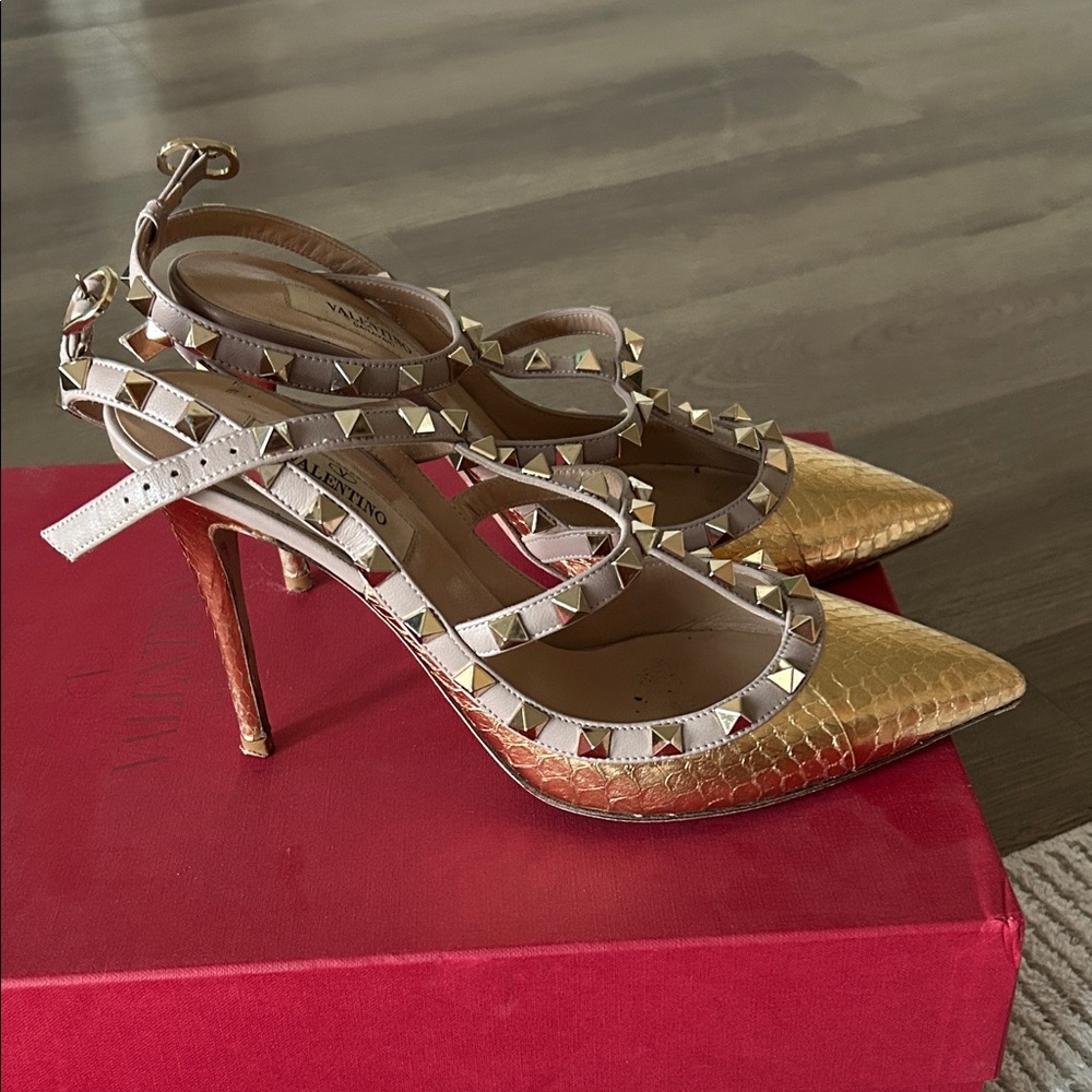 Valentino Gold and Beige Studded Heels - Picture 4 of 9
